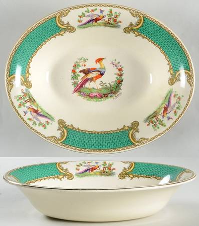 Chelsea Bird Green (Enamel) 9" Oval Vegetable Bowl