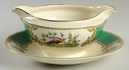 Chelsea Bird Green (Enamel) Gravy Boat with Attached Underplate