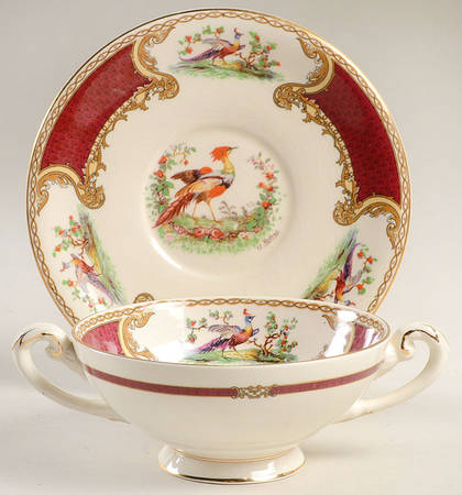 Chelsea Bird Red Footed Cream Soup Bowl & Saucer Set