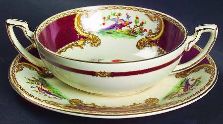 Chelsea Bird Red Flat Cream Soup Bowl & Saucer Set