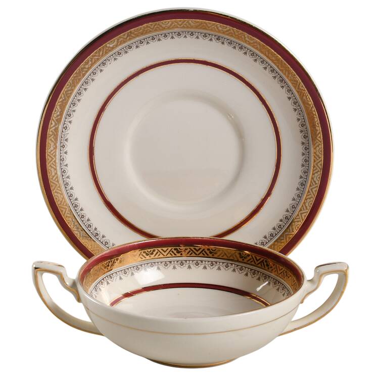 The Crowning Maroon Flat Cream Soup Bowl & Saucer Set