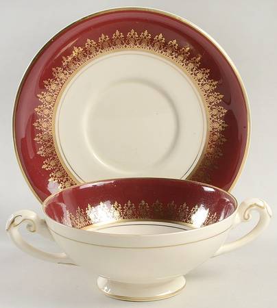 Elizabeth II Crowning Burgundy Footed Cream Soup Bowl & Saucer Set