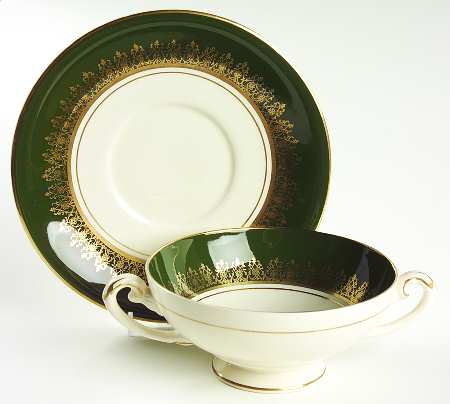 Elizabeth II Crowning Green Footed Cream Soup Bowl & Saucer Set