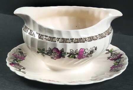 Indian Tree (No #, No Green Border, Cream) Round Gravy Boat/Attached Underplate