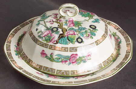 Indian Tree Green (Green Trim, 12 Sided) Round Covered Butter