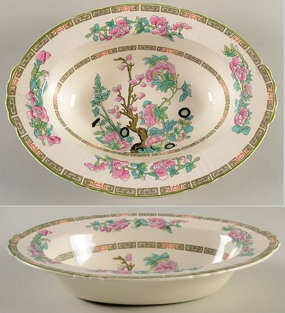 Indian Tree Green (Green Trim, 12 Sided) 10" Oval Vegetable Bowl