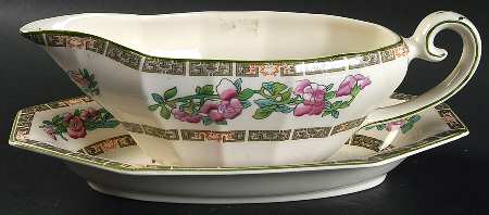 Indian Tree Green (Green Trim, 12 Sided) Gravy Boat & Underplate/Relish