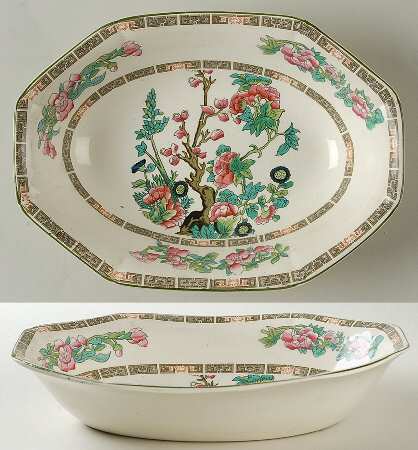 Indian Tree Green (Green Trim, 12 Sided) 9" Oval Vegetable Bowl