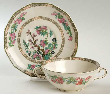 Indian Tree Green (Green Trim, 12 Sided) Flat Cream Soup Bowl & Saucer Set