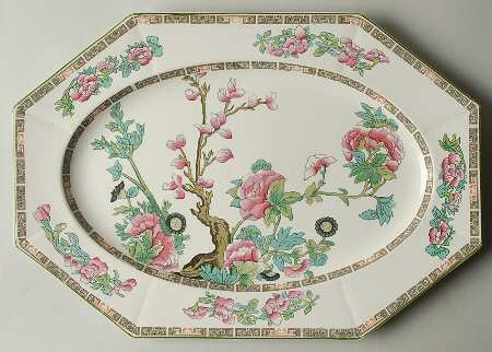 Indian Tree Green (Green Trim, 12 Sided) 14" Oval Serving Platter