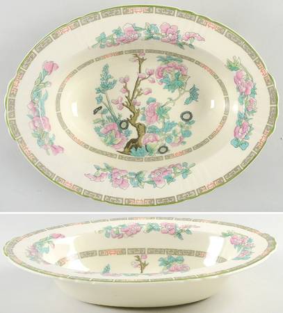 Indian Tree Green (Scalloped) 10" Oval Vegetable Bowl
