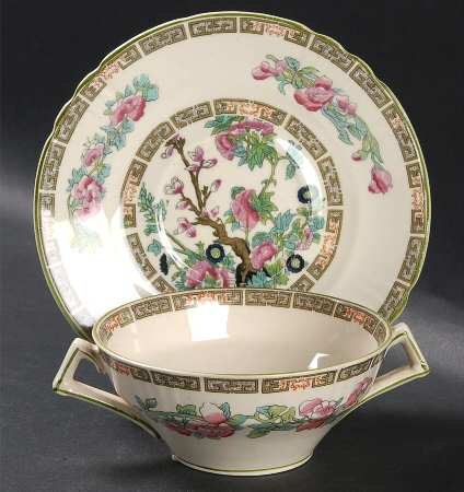 Indian Tree Green (Scalloped) Flat Cream Soup Bowl & Saucer Set