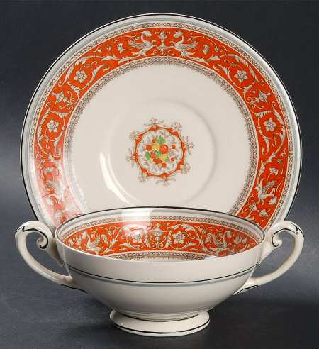 Medici Orange Red Footed Cream Soup Bowl & Saucer Set