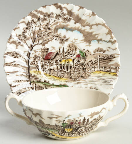 Royal Mail Multicolor (Cream Background) Flat Cream Soup Bowl & Saucer Set