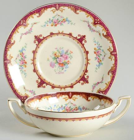 Sevres Red Flat Cream Soup Bowl & Saucer Set