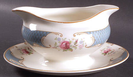 Staffordshire Rose Blue Gravy Boat with Attached Underplate