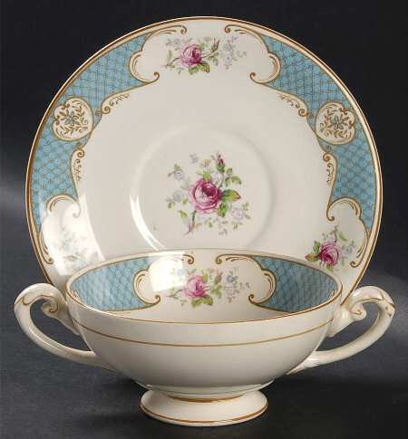 Staffordshire Rose Blue Footed Cream Soup Bowl & Saucer Set