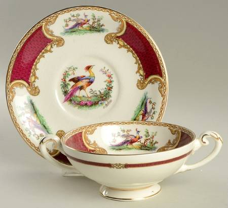 Chelsea Bird Red Footed Cream Soup Bowl & Saucer Set