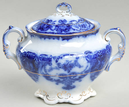 Dainty (Gold Trim, Flow Blue) Sugar Bowl & Lid