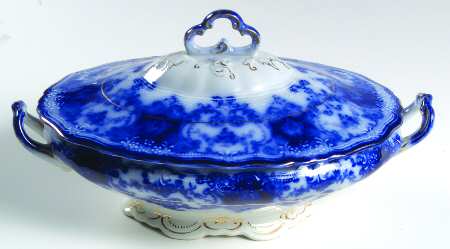 Dainty (Gold Trim, Flow Blue) Oval Covered Vegetable