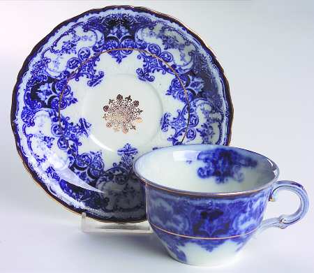Dainty (Gold Trim, Flow Blue) Flat Cup & Saucer Set