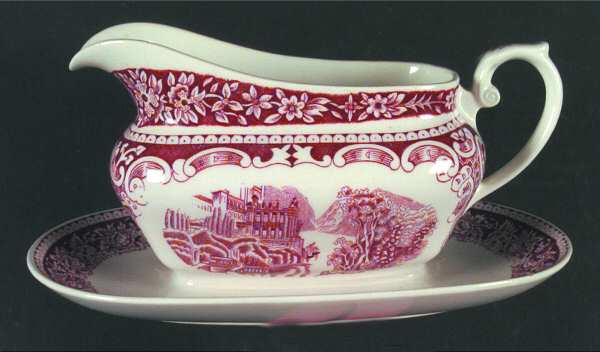 Cambridge Old England Maroon Gravy Boat with Attached Underplate