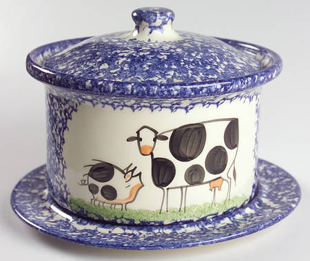 Molly's Cows Blue Bean Pot & Lid w/Underplate