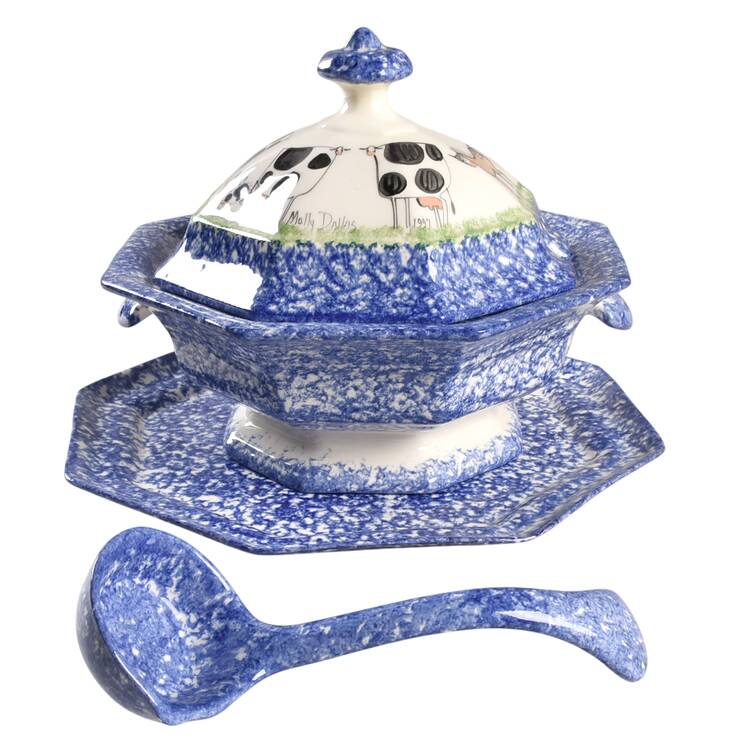 Molly's Cows Blue Tureen & Lid w/Ladle & Underplate