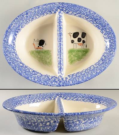 Molly's Cows Blue 13" Oval Divided Vegetable Bowl