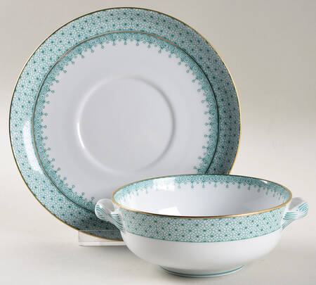 Green Lace Flat Cream Soup Bowl & Saucer Set
