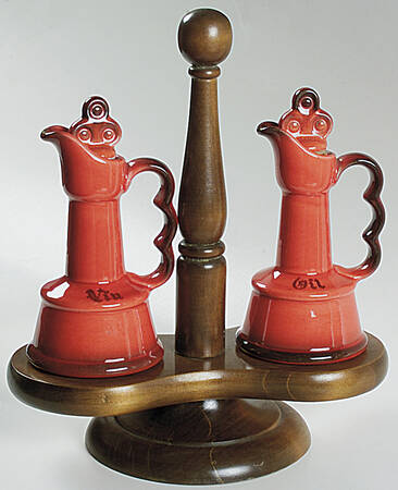 Red Rooster Red Vinegar and Oil Set with Wood Stand