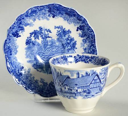 Romantic England Blue (Shield Backstamp) Flat Cup & Saucer Set