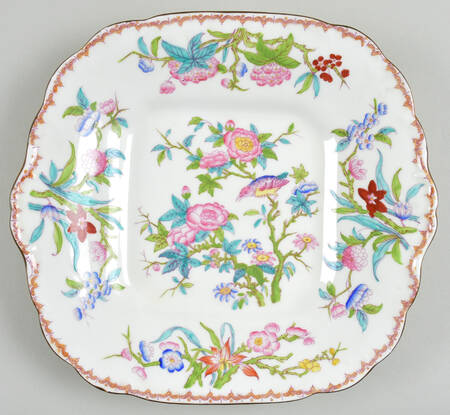 Cuckoo (Scalloped, White, Globe Backstamp) Square Handled Cake Plate