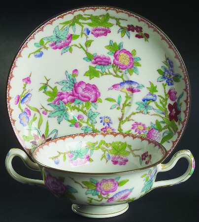 Cuckoo (Smooth, White, Globe Bks) Footed Cream Soup Bowl & Saucer Set