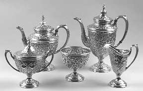 Southern Rose-Chased (Sterling, Hollowware) 5 Piece Tea Set (SCP, STP, SCR, SSU, SWB)