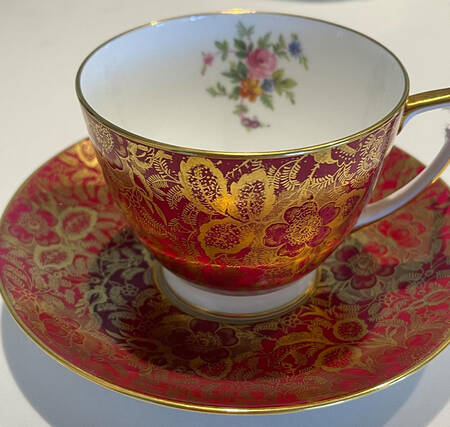 Brocade Burgundy Footed Cup & Saucer Set