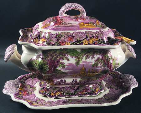 Vista Burgundy Yellow Multicolor Tureen & Lid w/Ladle & Underplate