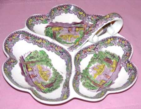 Vista Burgundy Yellow Multicolor 3-Part Relish with Center Ceramic Handle