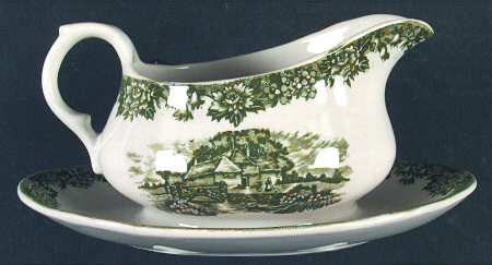 English Village Green Gravy Boat with Attached Underplate