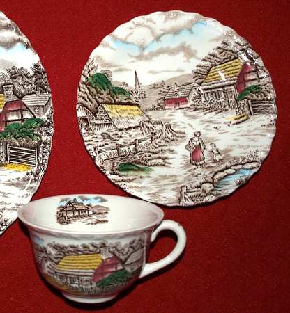 Rural Scene Multicolor Flat Cup & Saucer Set