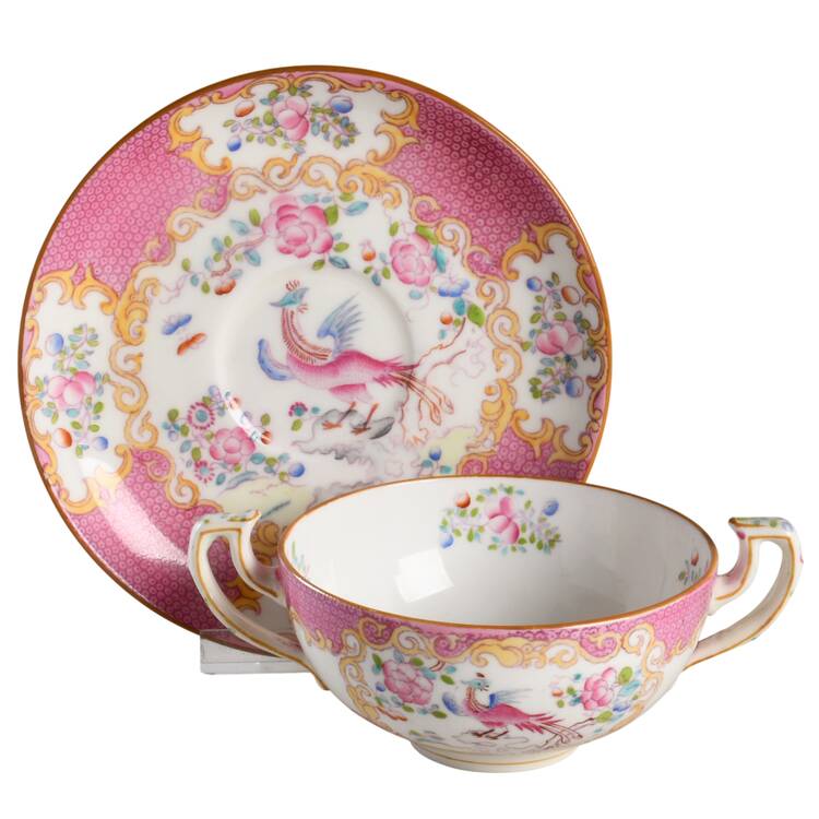 Cockatrice Pink (Smooth, Globe Backstamp) Footed Cream Soup Bowl & Saucer Set