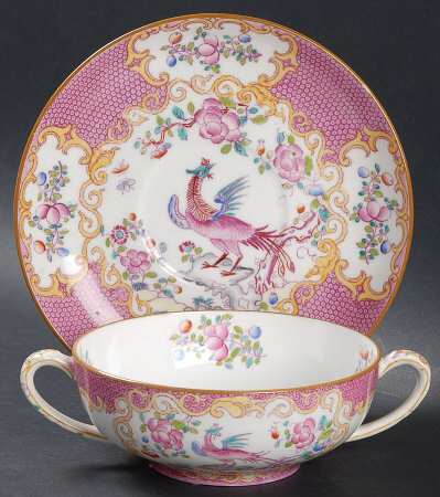 Cockatrice Pink (Smooth, Globe Backstamp) Flat Cream Soup Bowl & Saucer Set