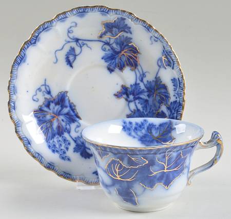 Virginia (Flow Blue, Gold Accent) Flat Cup & Saucer Set