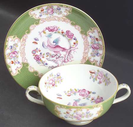 Cockatrice Green (Smooth, Wreath Backstamp) Footed Cream Soup Bowl & Saucer Set
