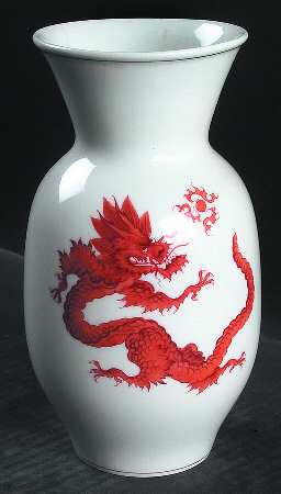Ming Dragon Red (Ornate, No Band Border) 7" Vase