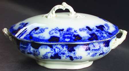 Roseville (Flow Blue, Gold Accent) Oval Covered Vegetable
