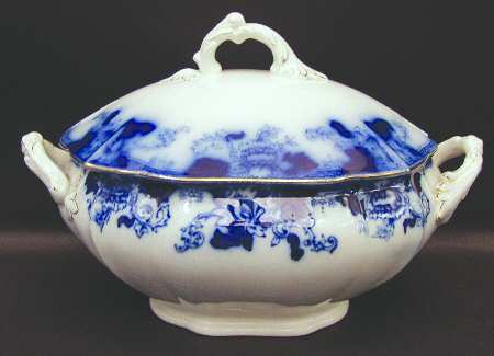 Roseville (Flow Blue, Gold Accent) Oval Tureen & Lid