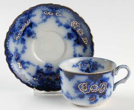 Devon (Flow Blue, Gold Accent and Trim) Flat Cup & Saucer Set