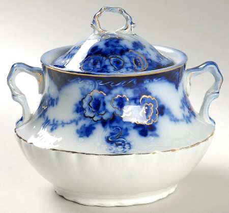 Devon (Flow Blue, Gold Accent and Trim) Sugar Bowl & Lid