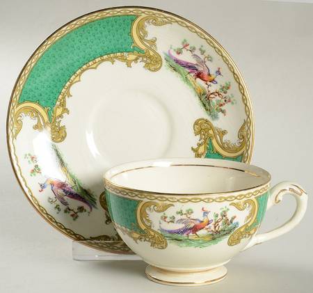 Chelsea Bird Green (No Enamel) Footed Cup & Saucer Set